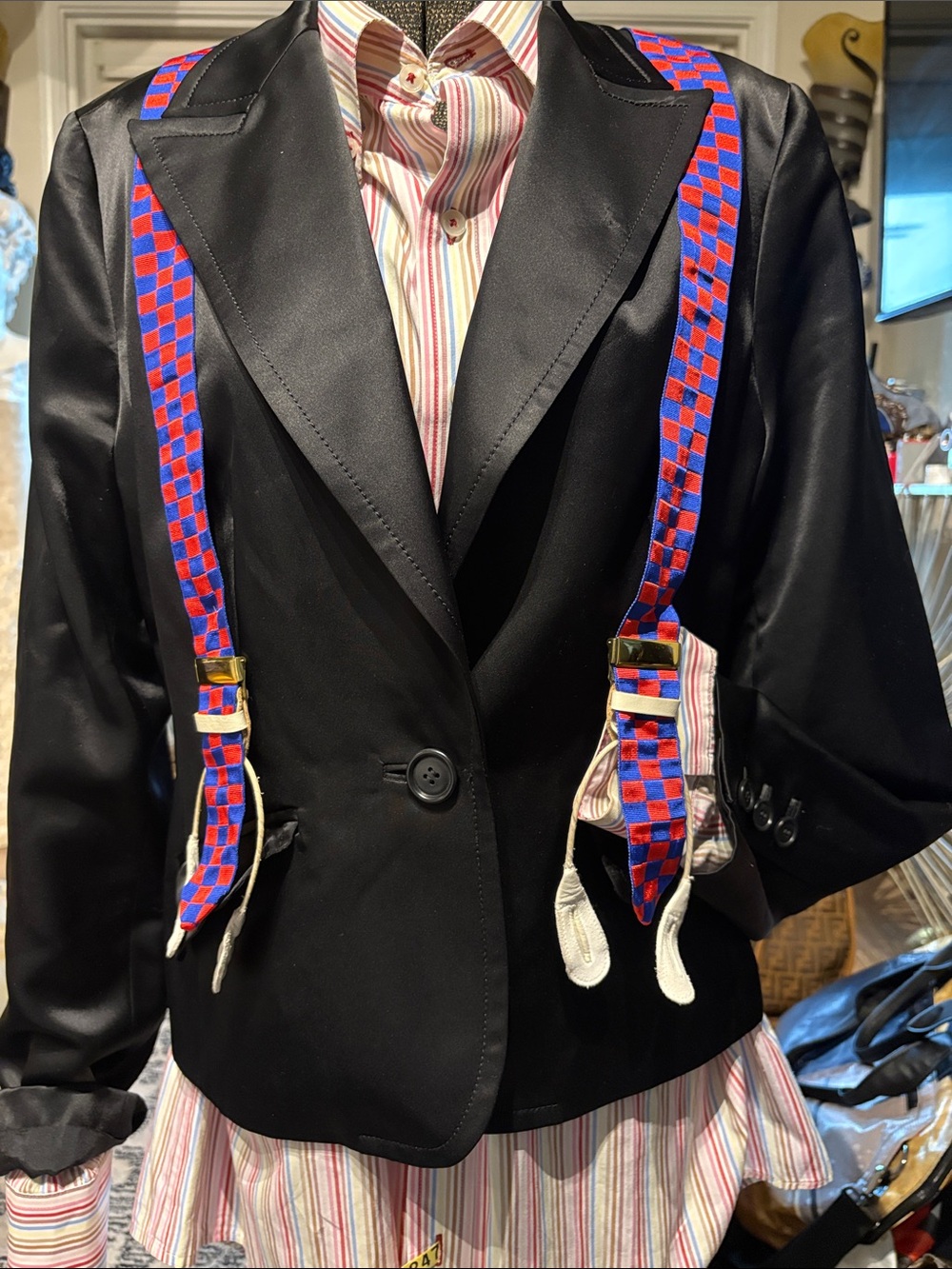Context Black Female Blazer with Blue & Red Patterned Suspenders